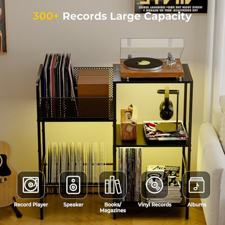 Record Player Stand with LED Light, Turntable Stand with Vinyl Storage - Up to 300+ Albums, 3-Tier Record Player Table Cabinet, Adjustable Shelf & V-Shaped Holder, Vinyl Display Shelf for Living Room Nidouillet