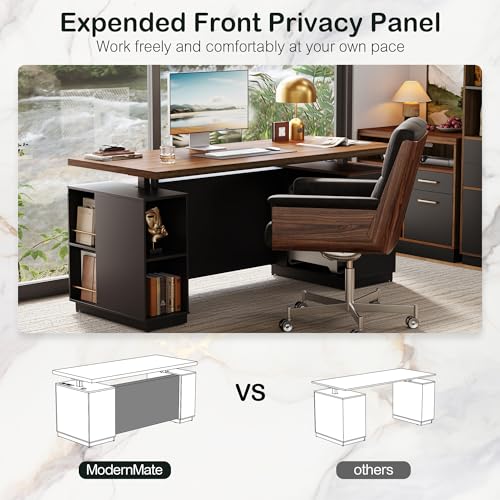 ModernMate 71" Standing Executive Desk with Privacy Panel, Large One-Piece Electric Height Adjustable Stand Up Desk with Charging Station, File Cabinet Storage, Home and Office, Black Walnut ModernMate