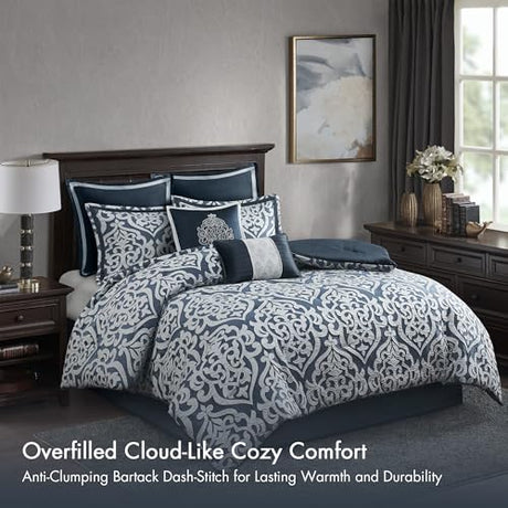 Madison Park Odette Cozy Comforter Set Jacquard Damask Medallion Design - Modern All Season, Down Alternative Bedding, Shams, Decorative Pillows, King(104 in x 92 in), Navy 8 Piece Madison Park