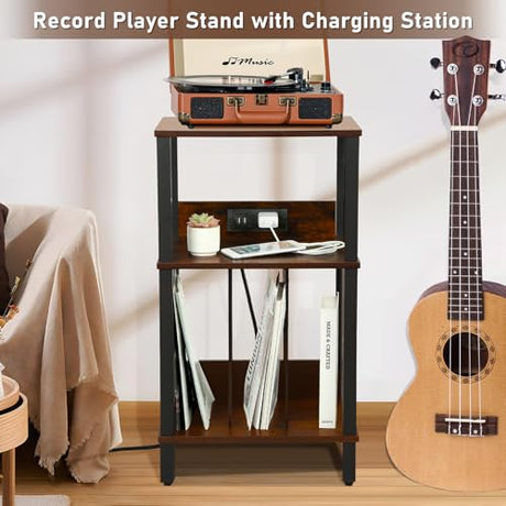 DGSANDGO Retro Record Player Stand with 100-Album Storage - Adjustable Height Turntable Stand, Compact Wooden Vinyl Shelf for Small Apartment/Living Room, Vintage Brown Mid-Century Style DGSANDGO