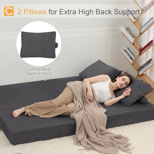 COMAX Convertible Sofa Bed, Folding Floor Couch Corduroy Fold Out Couch Bed Futon Sleeper Mattress with Pillows, Boneless Sofa Comfy Lounge Loveseat for Living Room Bedroom, Grey COMAX