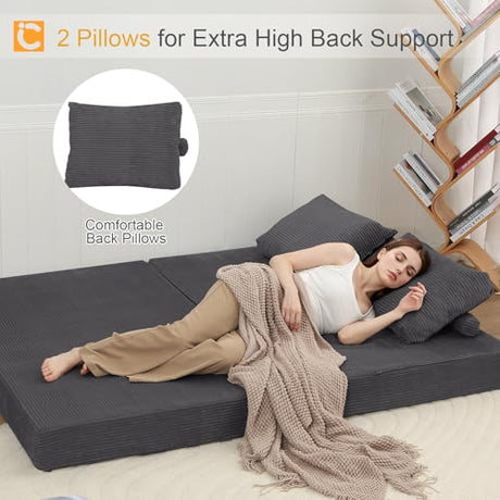 COMAX Convertible Sofa Bed, Folding Floor Couch Corduroy Fold Out Couch Bed Futon Sleeper Mattress with Pillows, Boneless Sofa Comfy Lounge Loveseat for Living Room Bedroom, Grey COMAX