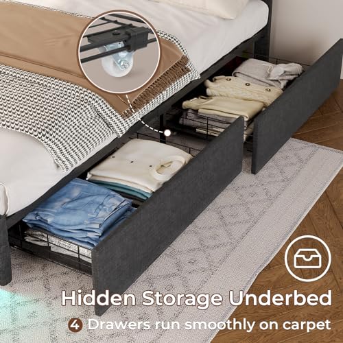 ADORNEVE Dark Grey Queen LED Bed Frame with 4 Drawers & USB Charging Station ADORNEVE