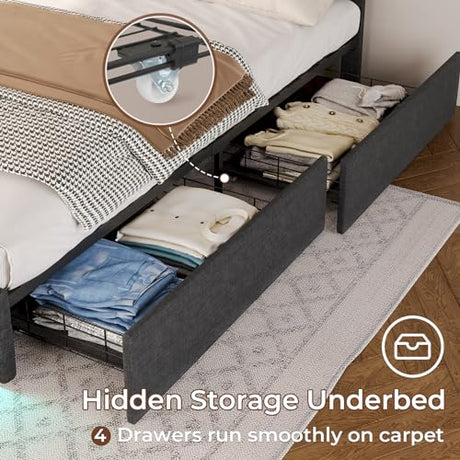 ADORNEVE Dark Grey Queen LED Bed Frame with 4 Drawers & USB Charging Station ADORNEVE