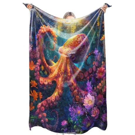 zbezbe Octopus Ocean Flannel Blanket, Colorful Underwater Sea Life with Vibrant Flower Lightweight Blankets 60x50inch Single Sided Print Throw for Sofa Couch Bed Bedroom Decor Marine Lovers Gifts zbezbe
