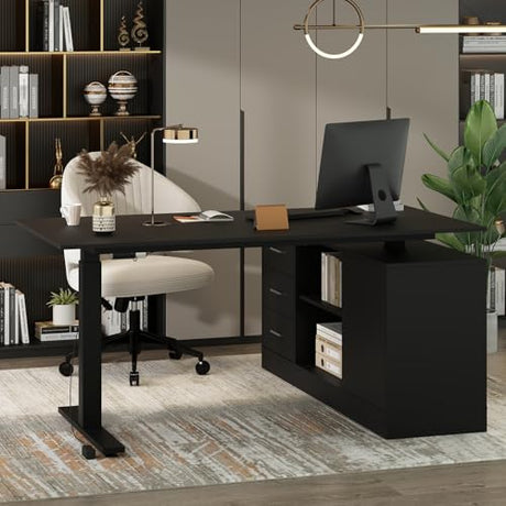 Hitow L Shaped Standing Desk Height Adjustable, 63" W Electric Sit Stand Desk with Drawers & Storage Cabinet, Reversible Home Office Table Corner Computer Workstation, Modern Black (29.1"-44" H) Hitow