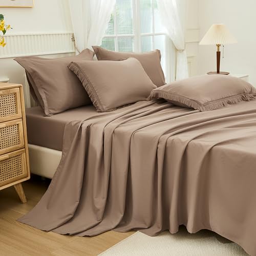 Andency Taupe Queen Size Comforter Set with Sheets - 7 Pieces Boho Tassel Bed in a Bag Soft Lightweight Bedding Sets, Taupe Fringe Bed Set with Comforter, Sheets, Pillowcases & Shams Andency
