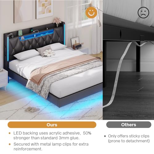 Dnxao King Size Floating Bed Frame with Storage Headboard, Tall 44" Upholstered Platform Bed with Charging Station, Dual-Zone LED Lights, No Box Spring Needed, PU Black Dnxao