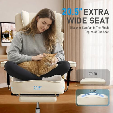OwgeinSet Big and Tall Office Chair, Ergonomic Leather Reclining Chair with Footrest, High-Back Comfy Executive Computer Desk Chairs with Lumbar Support, Wide Seat, 400LBS (Beige) OwgeinSet