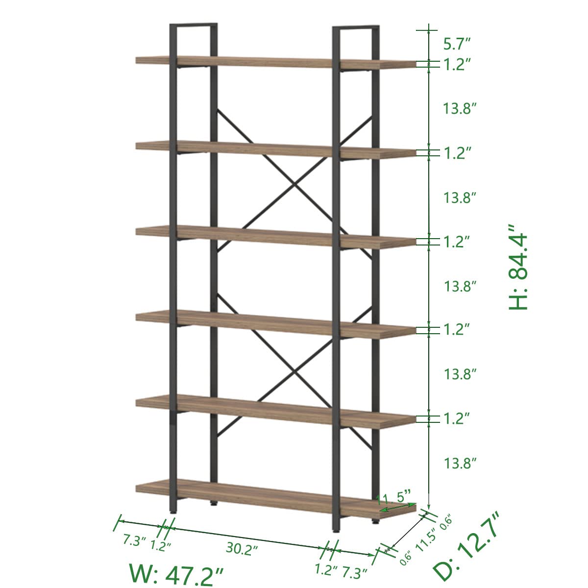 HSH Rustic Oak 6-Tier Tall Bookcase & Storage Rack with Metal Frame - WoodArtSupply