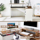 LayBurst 55" Farmhouse L-Shaped Desk with Lift Top,Movable Monitor Stand,L Shaped Standing Office Desk with Lockable Drawer & Adjustable File Drawer,Lift Top Computer Desk with Power Outlets LayBurst