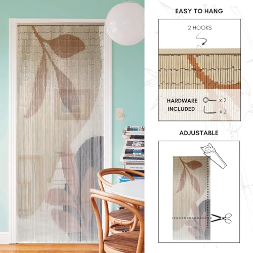 Decorative Beaded Door Curtain - Beige Autumn Leaves Design, 36 x 79 Inches, Natural Bamboo Beads for Doorways, Room Dividers and Home Decor - Handcrafted, Easy to Install EVIDECO French Home Goods