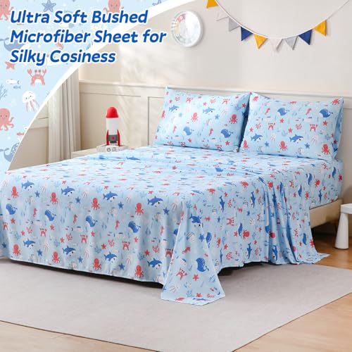 ChicView Full Sheet Set Kids,4 Pieces Breathable Soft Microfiber Bedsheets for Child Boys Girls, Anti Pilling Deep Pockets Easy Care Bed Sheets, Ocean Animals ChicView