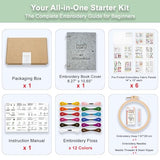 NBNQ Embroidery Stitch Book Kit for Beginners with Portable 10.65"x8.27" Loose-Leaf Cover, Includes 6 Fabric Pages, Complete Toolkit, Instructions and Videos.