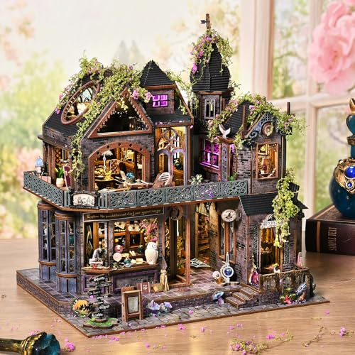 DIY Miniature House Kit, Dollhouse Magic City Gothic Witch House for Adults to Build, Birthday/Christmas Day Gift for Family and Friends, Prefab Tiny Home with LED Lights,Magic Castle