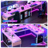 FinerFurnis U-Shaped Gaming Desk with Power Outlets & LED Lights - Reversible L-Shaped Computer Desk for Home Office | Large Corner PC Table with Monitor Stand & Storage Shelves, Pink FinerFurnis