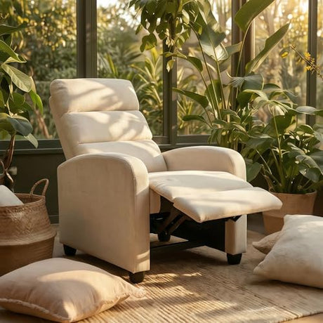 Furnimart Small Manual Recliner Chair for Small Spaces, Overstuffed Chenille Reclining Chair with Chunky Cushion, Comfortable Single Sofa Recliner for Adults, Living Room, Bedroom, Home Theater, Beige Furnimart