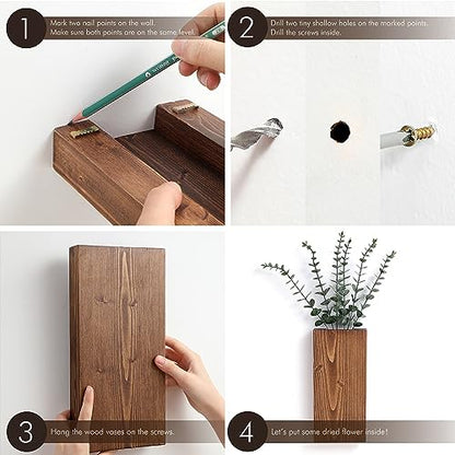 Wood Wall Planter Set of 2, Wood Wall Pocket for Greenery and Dried Flowers, Indoor Wood Hanging Vase Modern Farmhouse Wall Decor for Living Room Bedroom Office Eucalyptus Stems Decorations (Expresso)