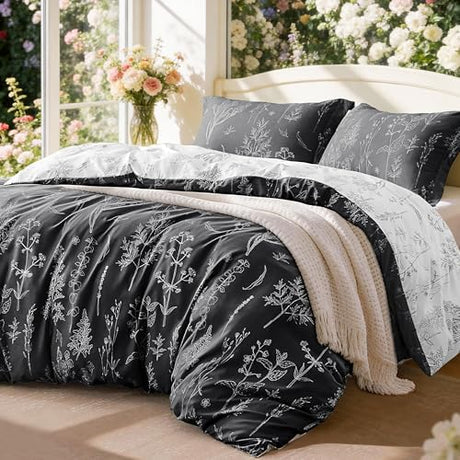 Love's cabin King Size Comforter Set Black - King Comforter Set, 3 Pieces Cute Floral Bedding Sets for All Seasons,1 Soft Reversible Botanical Flowers Comforter and 2 Pillow Shams Love's cabin
