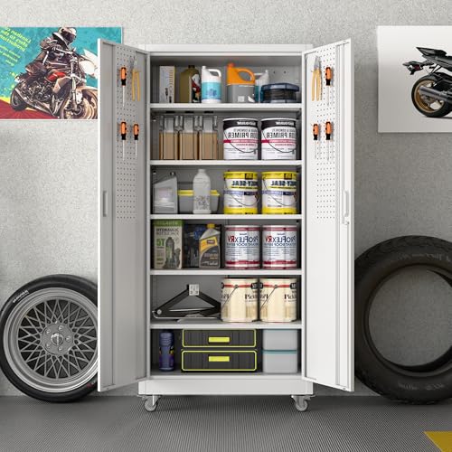 Aobabo Upgraded Garage Storage Cabinets with Wheels,Metal Storage Cabinets with 5 Adjustable Shelves for Garage Home Office Storage,White,71''H*34''W*18''D,Assembly Required Aobabo