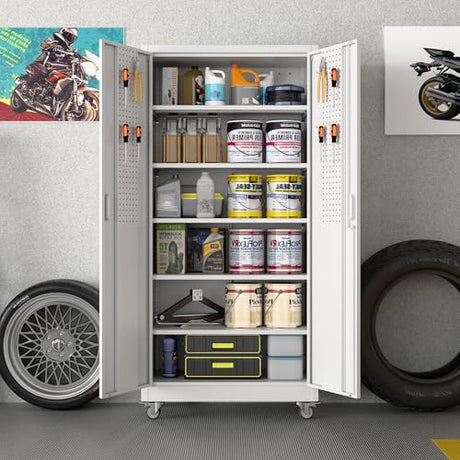 Aobabo Upgraded Garage Storage Cabinets with Wheels,Metal Storage Cabinets with 5 Adjustable Shelves for Garage Home Office Storage,White,71''H*34''W*18''D,Assembly Required Aobabo