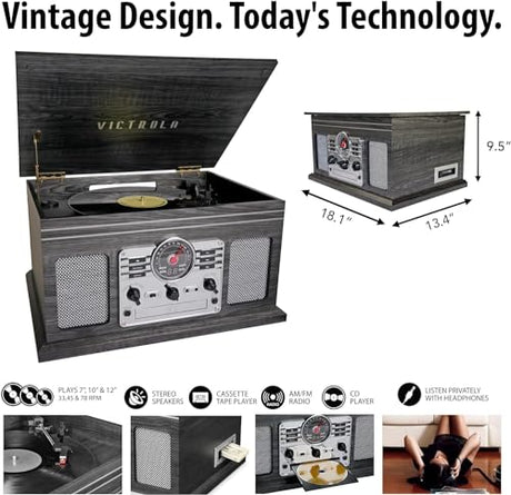 Victrola Nostalgic 6-in-1 Bluetooth Record Player & Multimedia Center with Built-in Speakers - 3-Speed Turntable, CD & Cassette Player, FM Radio | Wireless Music Streaming | Natural Victrola