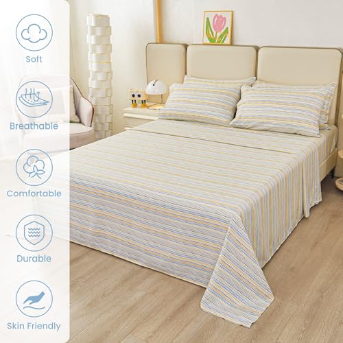 Mooreeke Striped King Bed Sheets, Deep Pocket 4 Piece King Sheet Set, Soft Microfiber Blue Yellow Pinstripe Bedding Sheets & Pillowcases Mooreeke