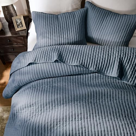 WDCOZY Blue Cross Stitch King Size Quilt Set, Striped Lightweight Soft Bedspread, Channel Farmhouse Rustic Coverlet, All Season Country Bedding, Thin Comforter WDCOZY