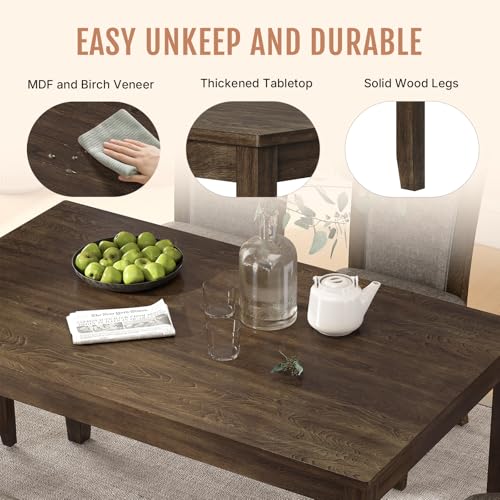 Zevemomo 6-Piece Solid Wood Dining Table Set, Including 1 Dining Table, 4 Upholstered Chairs and 1 Bench, Farmhouse Wooden Legs Dining Table Set for Living Room, Kitchen, Dark Walnut Zevemomo
