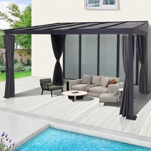 10' x 13' Lean to Gazebo, Wall Mounted Gazebo with Aluminum Frame, Polycarbonate Hardtop Gazebo Pergola with Sloping Roof for Outdoor, Backyard, Patio(Grey)