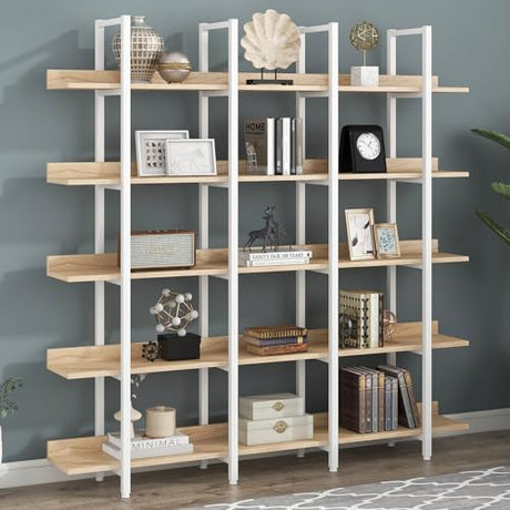 Nahenduo 5 Tier Large Open Bookshelf, Industrial Bookshelf with Back Fence, 400lbs Capacity, Wooden Office Bookcase with Metal Frame for Home Office Living Room, Easy Assembly (Oak and White Frame) Nahenduo