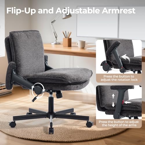 Morkprism Criss Cross Chair with Flip-Up Arms and Lockable Wheels, Plush Fabric Cross Legged Office Desk Chair,Wider 125°Tilting Adjustable Swivel Computer Chair for Home, Apartment, Bedroom,Black Morkprism