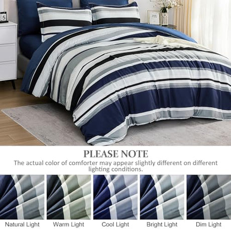 WONGS BEDDING Queen Comforter Set, 7 Pieces Navy Blue Comforter Set Queen Size, Soft Striped Bed in a Bag Bedding Set with Comforter, Flat Sheet, Fitted Sheet, Pillow Shams, Pillowcase WONGS BEDDING