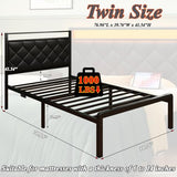 Etditrnp Twin Bed Frame with Charging Station, LED Light and PU Leather Upholstered Headboard, Platform Bed Frame with Under-Bed Storage, Easy Assembly, Noise Free, No Box Spring Needed, Black Etditrnp