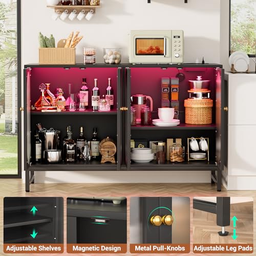 Aheaplus Sideboard Buffet Cabinet with Power Outlet, Kitchen Sideboard Storage Cabinet with LED Light, 4 Doors, Modern Accent Cabinet Coffee Bar Cabinet Console Table for Kitchen Dining Room, Black Aheaplus