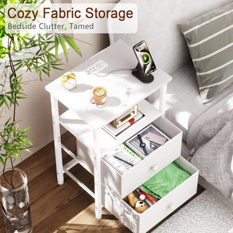 LOAKEKEL White Nightstand with Charging Station, End Table with 2 Fabric Drawers, Night Stand for Bedroom, Small Bed Side Table with USB Ports and Outlets for Living Room, HETS020WT-1 LOAKEKEL