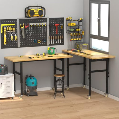 Sylritha 60" Work Bench with Storage, Adjustable Workbench with Drawers, Heavy-Duty Work Bench with Power Outlets, 3000 LBS Garage Workbench, Work Table with Wheels for Workshop, Office Sylritha
