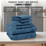 Ultra Soft Wrinkle-Free Microfiber Paisley King Sheet Set, Breathable Boho Bed Sheet Set – 16" Deep Pocket Fitted Sheet, Flat Sheet & 4 Pillowcases, Juegos de Sábanas, OEKO-TEX - Navy Blue LDC LUX DECOR COLLECTION