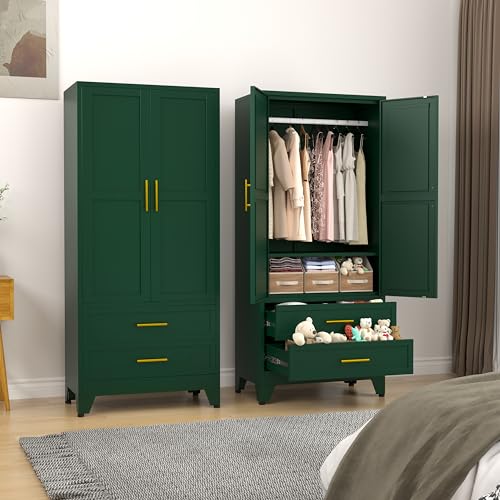 erosoei Metal Armoire Wardrobe Closet, 71 "Metal Clothing Storage Cabinet with Adjustable Shelves and Hanging Rod, Household Steel Wardrobe Storage Cabinet with Drawers (armoire-Green)