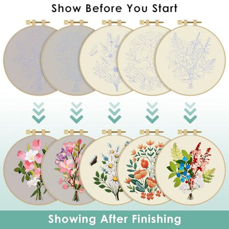 ERKOON 5 Sets Embroidery Kit for Beginners, Butterfly Cross Stitch Set for Include Embroidery Cloth Hoops Threads for Craft Lover Hand Stitch (Bouquet) ERKOON