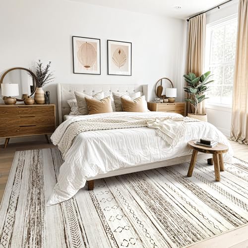 Tortania Area Rug Living Room Rugs - 5x7 Washable Large Soft Neutral Boho Moroccan Bohemian Farmhouse Rug Indoor Floor Carpet for Bedroom Under Dining Table Home Office Decor - Cream Brown Tortania