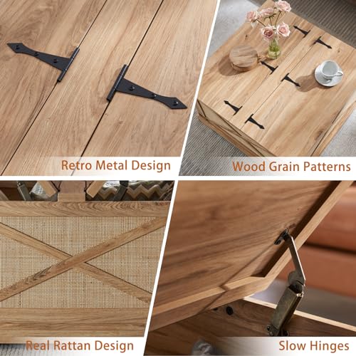 Barnyatoh Farmhouse Square Coffee Table with Storage, Boho Rattan Wood Center Table with Hinged Lift Top, Rustic Cocktail Table with Large Hidden Storage Compartment for Living Room, Bedroom Barnyatoh