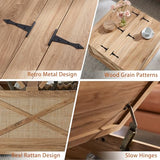 Barnyatoh Farmhouse Square Coffee Table with Storage, Boho Rattan Wood Center Table with Hinged Lift Top, Rustic Cocktail Table with Large Hidden Storage Compartment for Living Room, Bedroom Barnyatoh