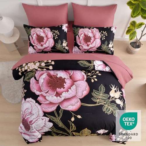 Luxudecor Floral Queen Comforter Set 7 Pieces Bed in a Bag, Pink Flower Print on Black Bedding Set, Soft Reversible Comforter with Sheet Set 90"x90" Luxudecor