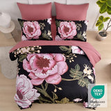 Luxudecor Floral Queen Comforter Set 7 Pieces Bed in a Bag, Pink Flower Print on Black Bedding Set, Soft Reversible Comforter with Sheet Set 90"x90" Luxudecor