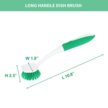 Dish Brush with Handle, 2 Pack Dish Cleaning Brushes with Built-in Scraper, Kitchen Scrub Brush for Cleaning Dishes, Pots, Pans and Sink, Dish Washing Tools