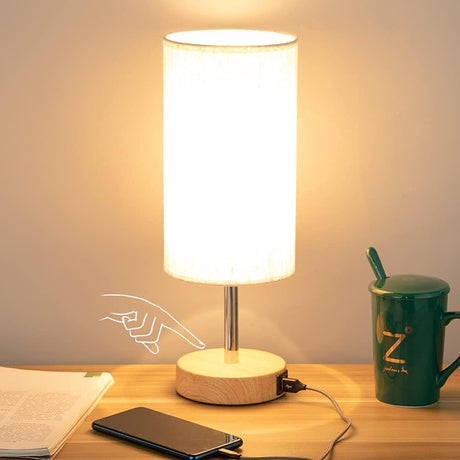 Yarra-Decor Bedside Table Lamp with USB Port - Touch Control for Bedroom Wood 3 Way Dimmable Nightstand Lamp with Round Flaxen Fabric Shade for Living Room, Dorm, Home Office (LED Bulb Included) Yarra-Decor