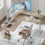 TIQLAB L Shaped 63 x 55 inch Standing Desk Adjustable Height, Electric Corner Standing Desk with 4 Drawers and Upper Shelf, Sit Stand Computer Table with Splice Board, Maple TIQLAB