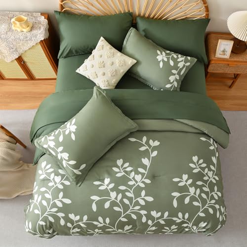 METAHOTS Queen Size Comforter Set - 7 Piece Floral Botanical on Green Comforter Sets with Sheets and Pillows, Soft Lightweight Microfiber Bedding Set for All Season(90"X90") METAHOTS