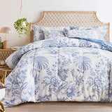 Flysheep Botanical Bed in a Bag Queen Size 7 Pieces, Reversible Blue and White Flower Printed Comforter Bedding Set (1 Comforter, 1 Flat Sheet, 1 Fitted Sheet, 2 Pillow Shams and 2 Pillowcases) Flysheep